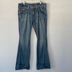 True Religion Joey Women Jeans Size 34x33 Distressed Jeans Flare & Wide Leg Blue